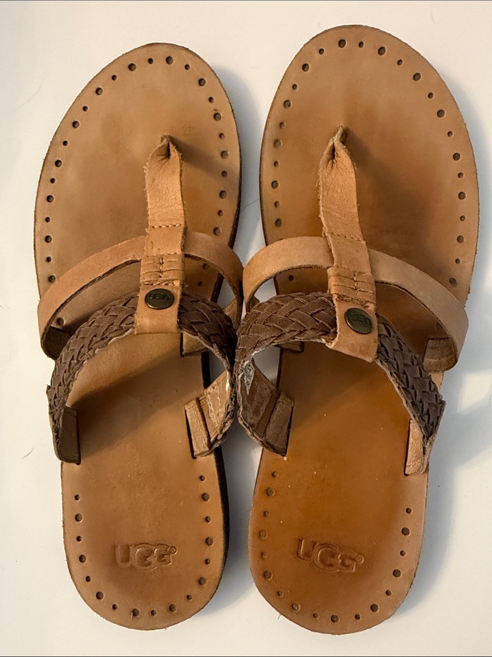 UGG Women's Tan & Brown Braided Leather Toe-Post Sandals size 8